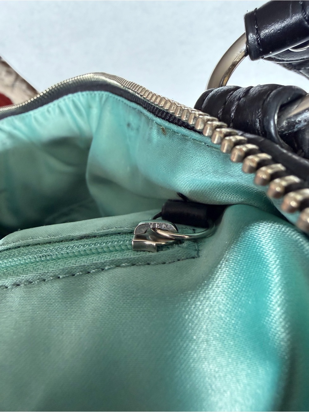 Coach Poppy Black Distressed Leather Glam Tote Shoulder Bag Turquoise Lining - Picture 4 of 9